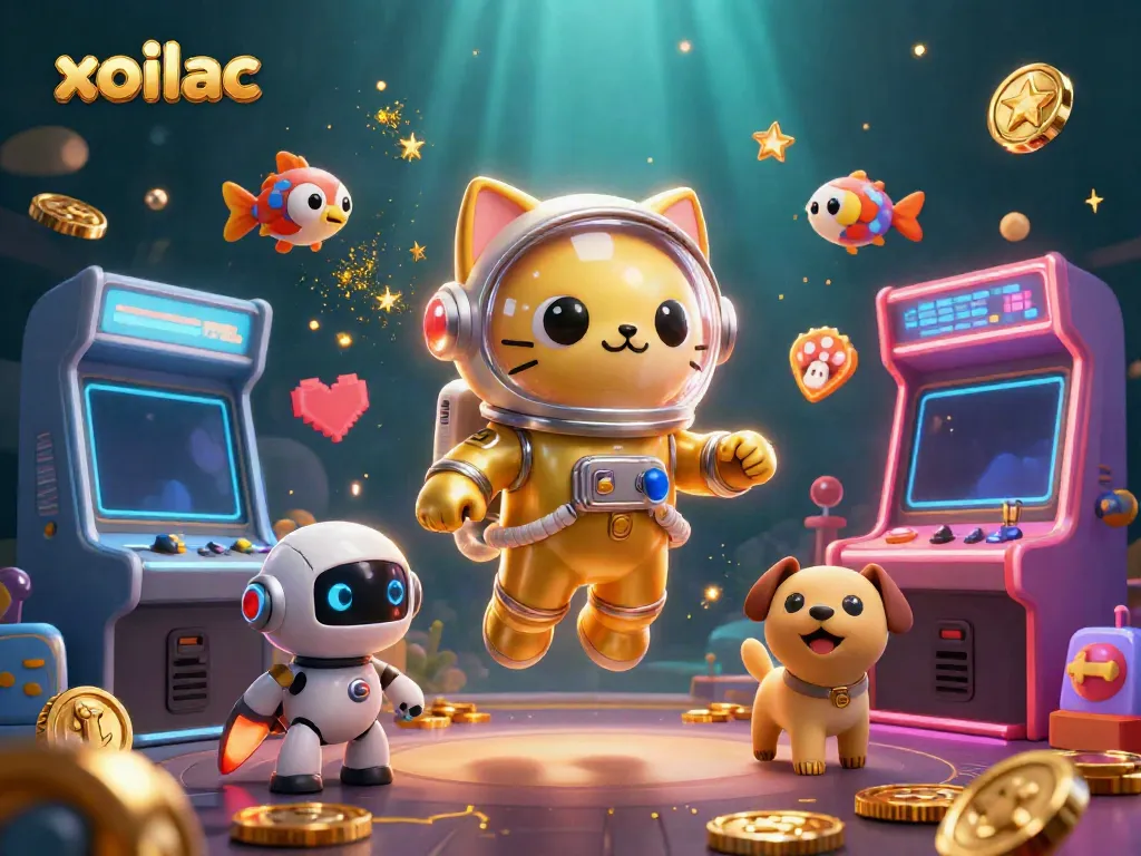 Experience thrilling gameplay with xoilac's vibrant illustration featuring a floating astronaut cat and robot dog among dynamic casino elements.