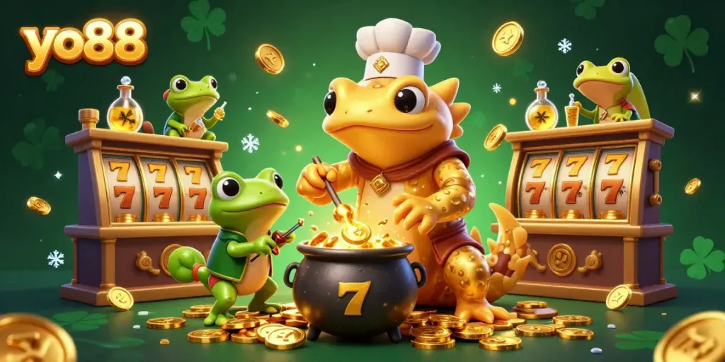 Experience thrilling gaming action with yo88's dynamic slots, golden coins, and a whimsical alchemist's lab.