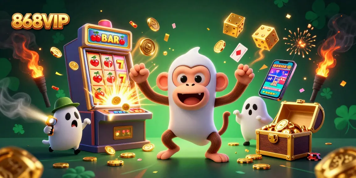 Spin and win at 868VIP with a lively casino scene featuring playful characters and exciting games.