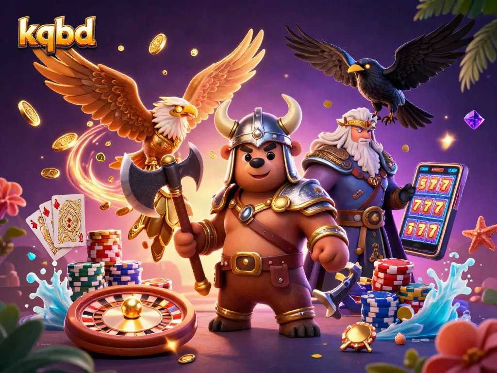 Experience kqbd excitement with a vibrant scene of a Viking bear and Valkyrie surrounded by gambling elements