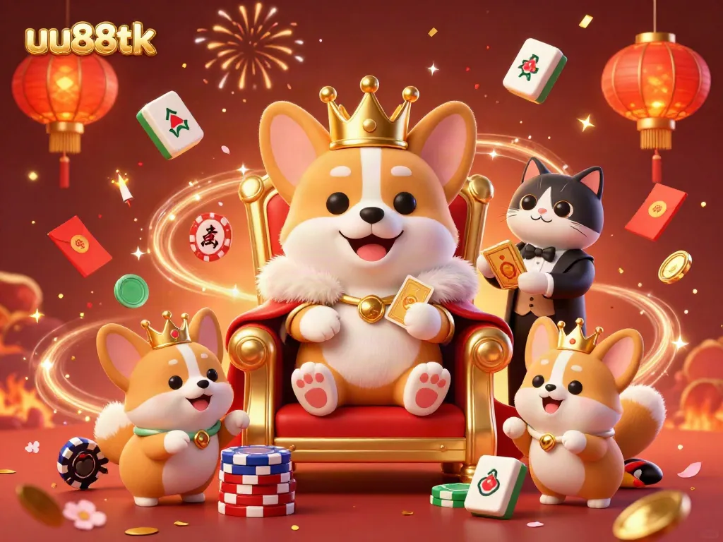 Engage with exciting games at uu88tk, where a royal corgi reigns over a vibrant casino scene.