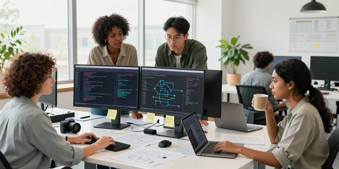 Diverse team of developers collaborating in a modern office, focused on Web3 project with dual monitors and coding elements.
