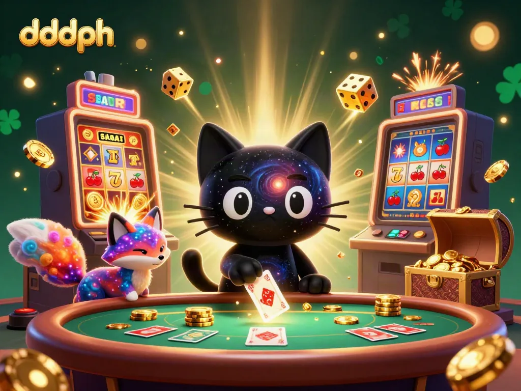 Engaging 3D scene depicting dddph with a black hole cat and cosmic elements at a vibrant casino table.