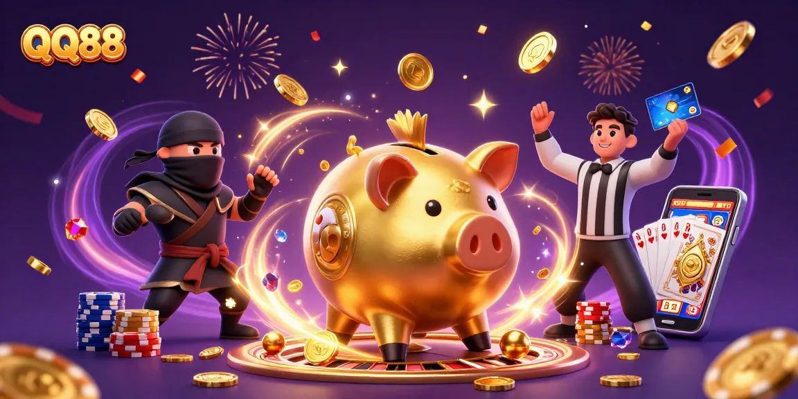 Engage in thrilling gameplay at QQ88 with festive symbols of fortune like golden coins and slot machines.