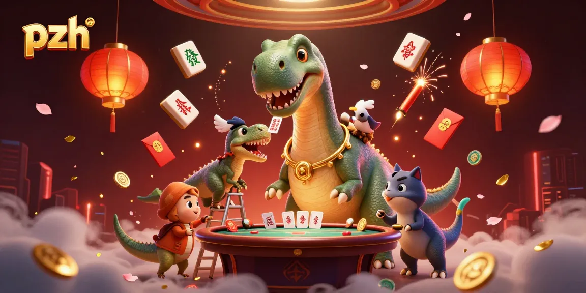 Engage with the vibrant world of pzh, where a giant brontosaurus oversees a lively poker game in a colorful casino.