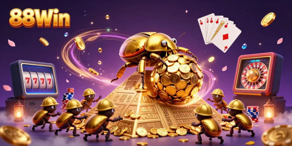 Experience the thrill of 88Win with golden coins, vibrant gems, and lively 3D casino elements.