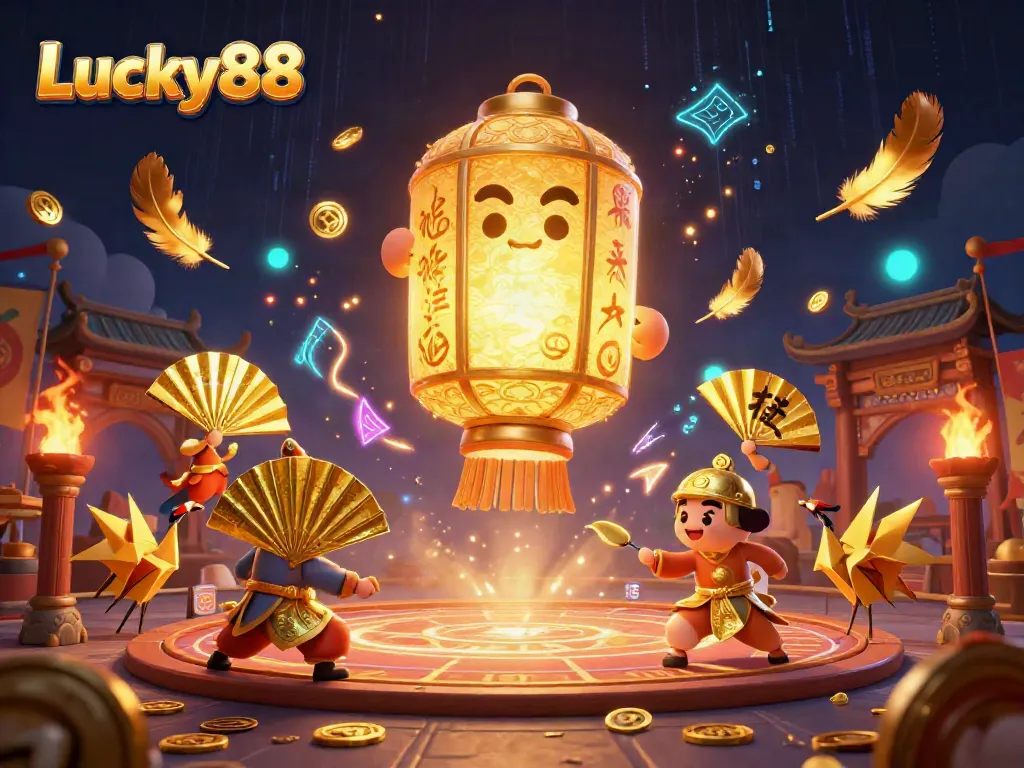 Experience the thrill of Lucky88 through a vibrant 3D scene with lively characters and casino elements.