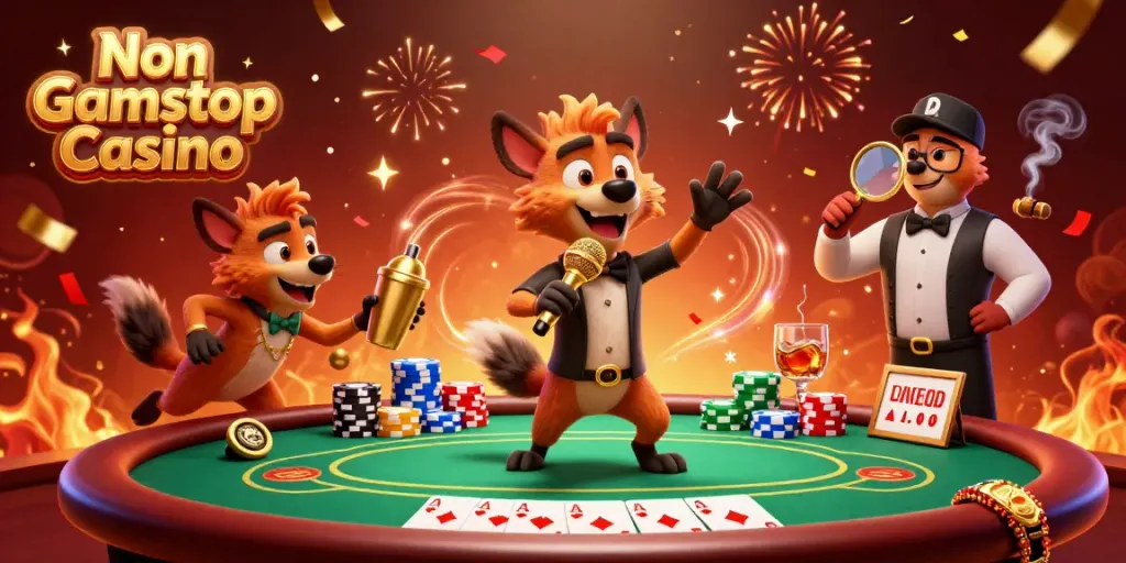 Hyenas hosting a comedy night at a Non Gamstop Casino with colorful gambling elements featured.