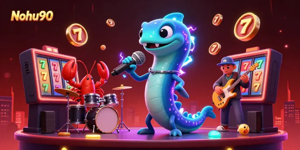 Nohu90 showcases a vibrant underwater casino party with a DJ eel, lobster drummer, and seahorse guitarist.