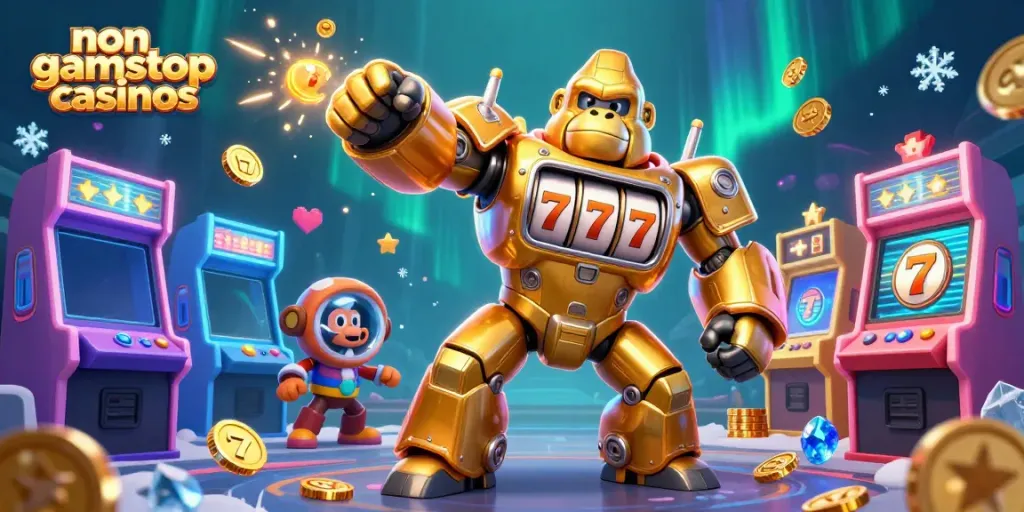 Experience non gamstop casinos with a vibrant scene featuring a golden gorilla mech and colorful game elements.
