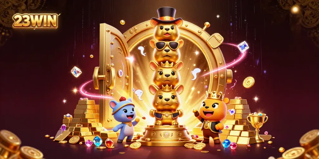 Experience the excitement of 23WIN with a vibrant 3D casino illustration packed with dynamic treasures.