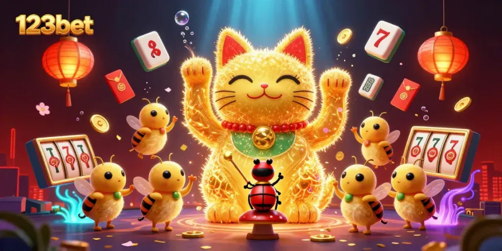 Engage with 123bet's exciting casino atmosphere featuring a giant lucky cat and dynamic gaming symbols.
