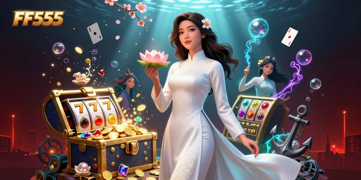 Experience the thrill of FF555 with vibrant slot reels and a serene Asian goddess amidst dazzling treasures.