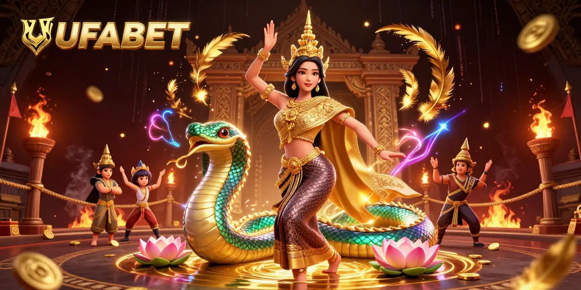 Engage in thrilling gameplay at UFABET with beautiful Thai woman and Naga serpent in a vibrant casino scene.