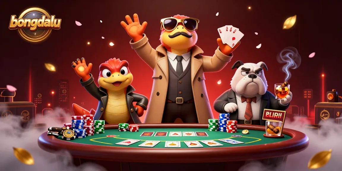 Bongdalu cartoon raptors in a trench coat attempting to enter a VIP casino with poker elements.