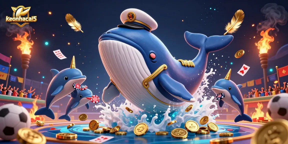 Bet on keonhacai5 with the whale captain and thrilling sports betting action illustration.