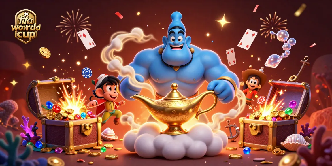 Experience the thrill of the fifa world cup with a colorful casino scene featuring a magical genie and poker chips.