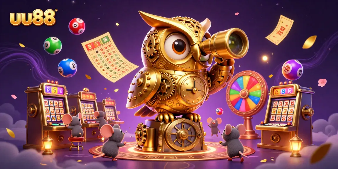 Experience the excitement of uu88 with a vibrant casino scene showcasing a golden owl, animated mouse patrons, and dynamic game elements.