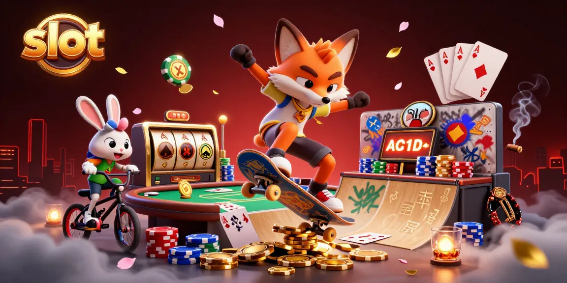 Watch a skateboarder fox perform a kickflip over golden poker chips and slot reels while having fun.