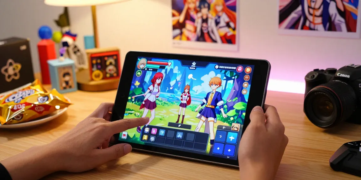 Player engaged in a game ecchi on a tablet, showcasing vibrant fantasy characters and interactive gameplay choices.
