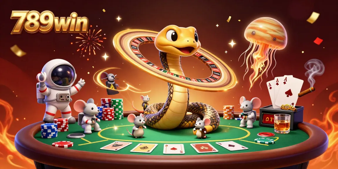 Experience the thrill of betting on 789win with a vibrant cosmic casino scene featuring a roulette snake and playful mice.