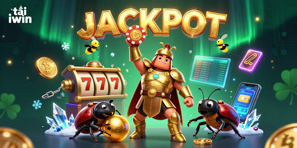Tải iWin with an epic illustration showcasing a beetle in armor lifting a poker chip surrounded by glowing casino elements.