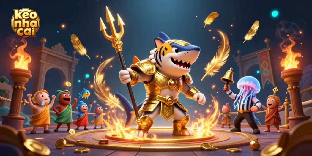 Engage in thrilling action with "keo nha cai" at an underwater colosseum featuring a golden tiger shark