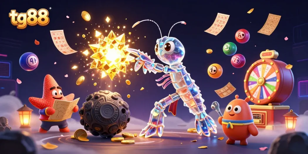 The tg88 platform features dynamic action with a galactic shrimp, colorful lottery balls, and vibrant casino elements.