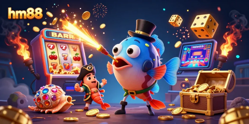 Experience the excitement of hm88 with a vibrant 3D casino scene featuring lively characters and dynamic gaming elements.