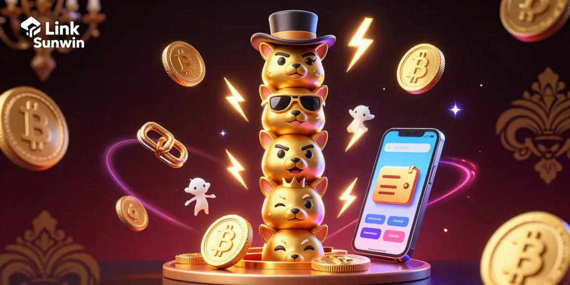 Engage with Link Sunwin through this vibrant 3D scene of a golden totem surrounded by cryptocurrency elements.