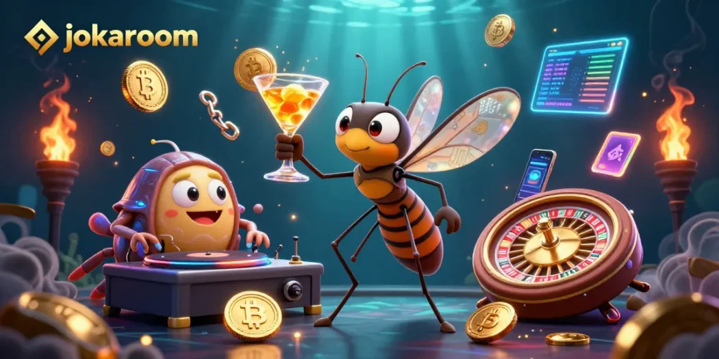 Experience the thrill of gambling with jokaroom in this dynamic 3D casino illustration featuring unique characters and game elements.