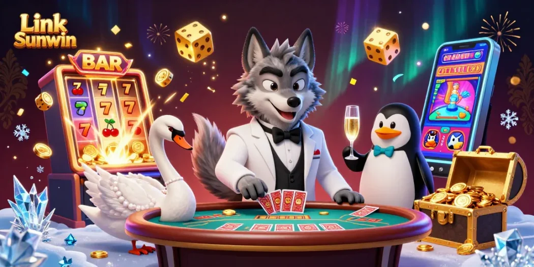 Win big with Link Sunwin featuring a debonair wolf, elegant swan, and sophisticated penguin in an exciting casino scene.