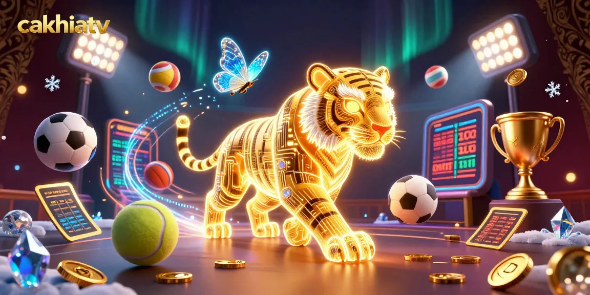Cakhiatv showcases an energetic digital scene with sports betting elements, featuring a golden tiger and sports balls.