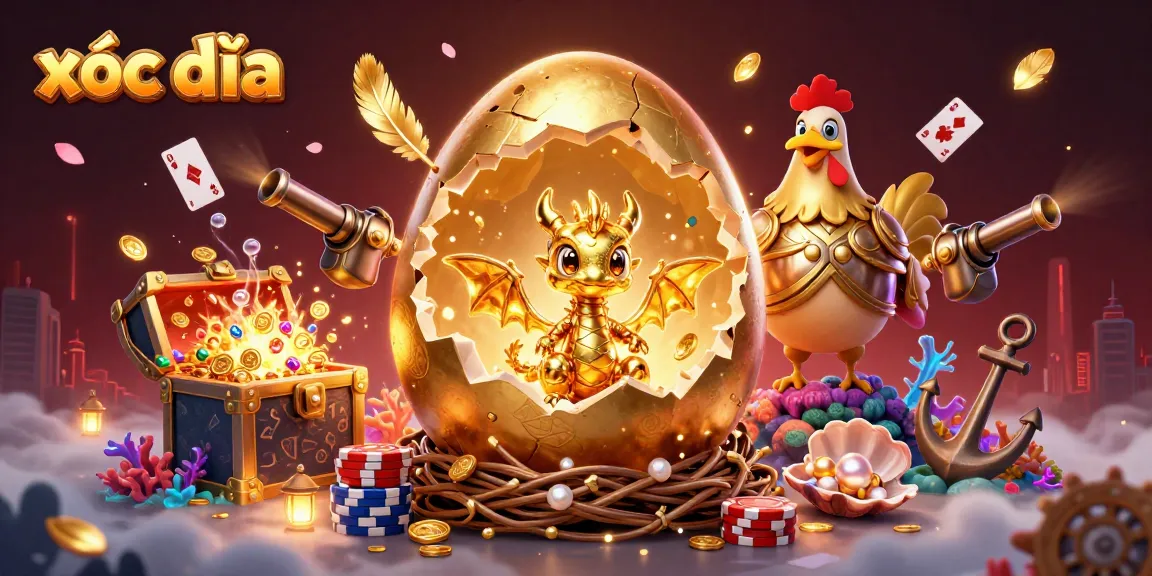 Experience the thrill of xóc đĩa with vibrant cartoon dragons, poker chips, and golden treasures in a visually captivating setting.