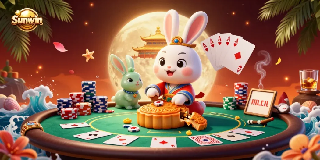 Experience the excitement of Sunwin with a dynamic 3D scene featuring a moon rabbit and poker chips.