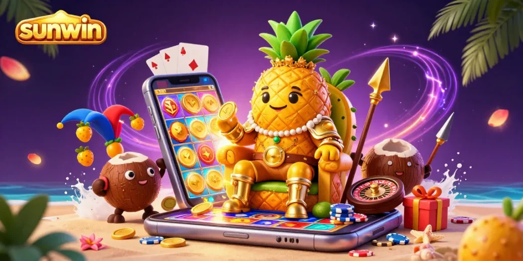 Experience thrilling games at sunwin with a vibrant beach casino scene featuring a pineapple king, mobile gaming, and rich casino elements.