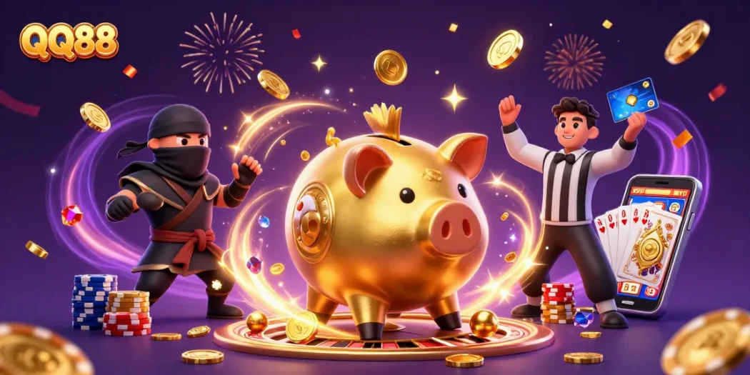 Engage in thrilling gameplay at QQ88 with festive symbols of fortune like golden coins and slot machines.