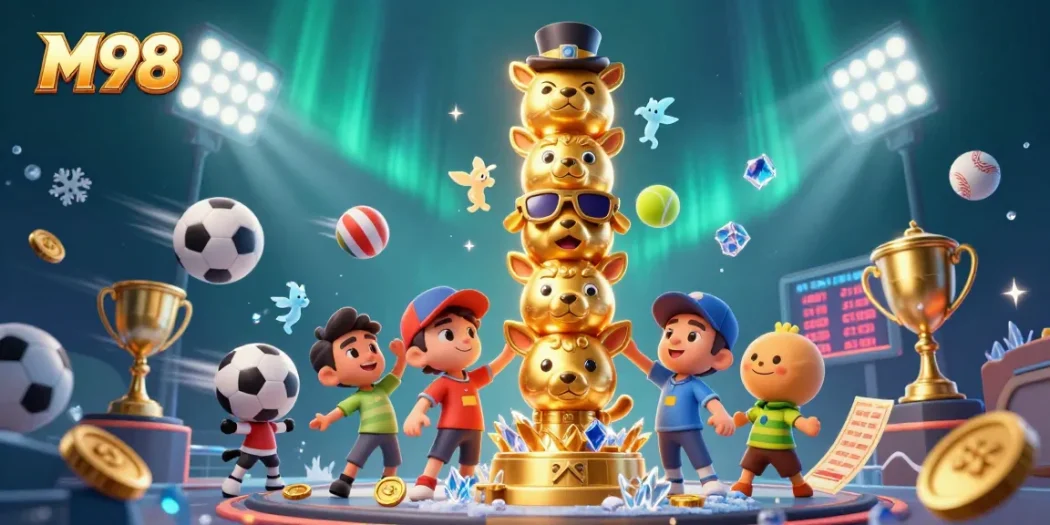M98 delivers dynamic sports betting action with a golden totem pole and vibrant game elements.